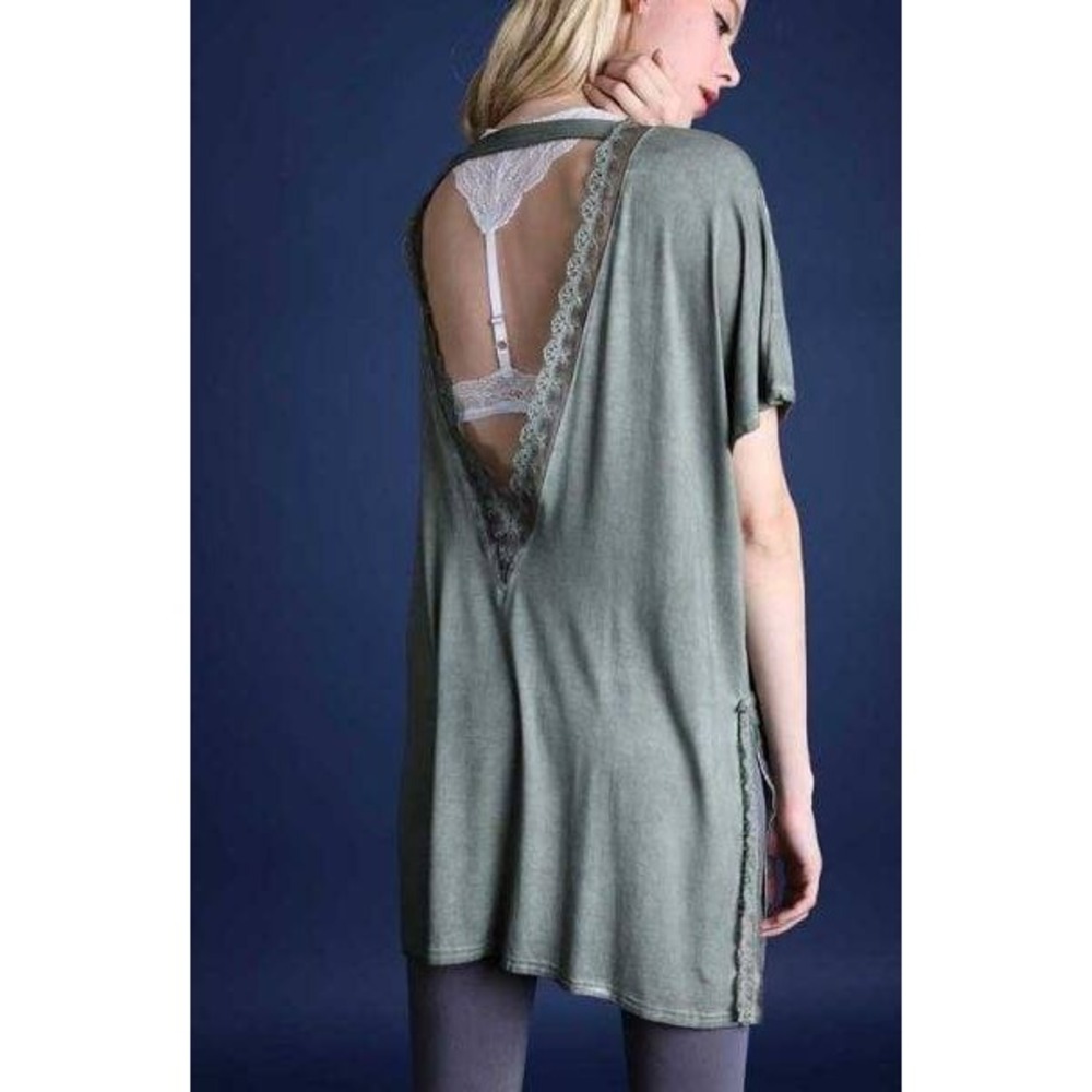 POL Women's Backless Lace Trim Cardigan Tunic Top Olive‎ Green Size L
